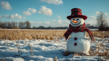 Obraz premium Funny snowman in stylish hat and red scalf on snowy field. Merry Christmass and happy New Year!