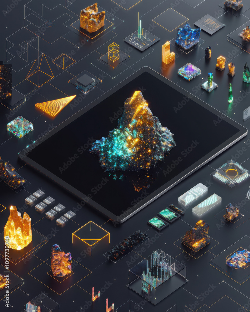 Poster showcasing ai-driven product suggestions on tablet screen with data visualizations in modern environ