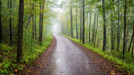 Obraz premium Serene Misty Forest Road in Autumn with Colorful Leaves and Soft Fog in the Air, Inviting Tranquility and Calmness in Nature's Embrace