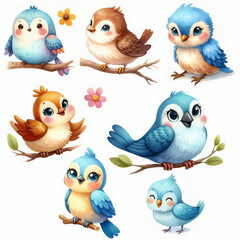 Cute cartoon birds with various colors and expressions on white background. AI