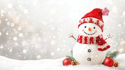 Happy snowman standing isolated on white background. Merry christmas and happy new year greeting card. Funny snowman in hat on snowy background. Copy space for text