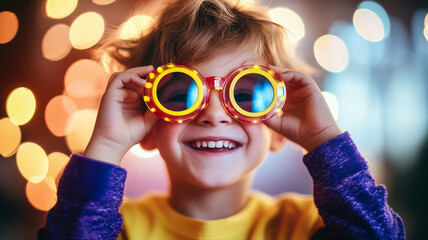 Joyful child wearing colorful glasses with a bright background of lights