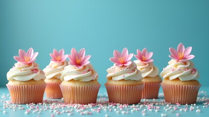 Festive cupcakes with spring flowers and sprinkles for a party. Generative AI. A place for your text. Blue background
