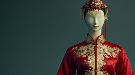 Elegant Traditional Chinese Dress Displayed on a Mannequin, Showcasing Intricate Embroidery and Cultural Heritage Against a Muted Background