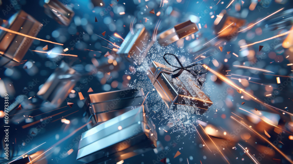 Poster transforming data streams into curated shopping icons digital space 3d rendering abstract environmen