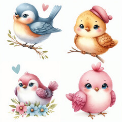 Fototapeta premium Cute cartoon birds with various colors and expressions on white background. AI