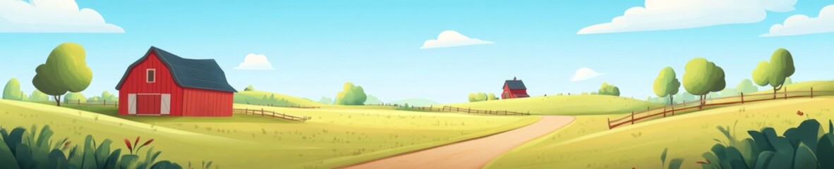 Obraz premium Panoramic Farm Landscape with Red Barn and Farmhouse, Dirt Road to Horizon, Bright Sky, Clouds, Small Trees, Hand-Drawn, Warm Colors, High Resolution