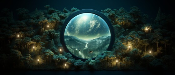 Enchanted Forest Scene with Mystical View Through Circular Window