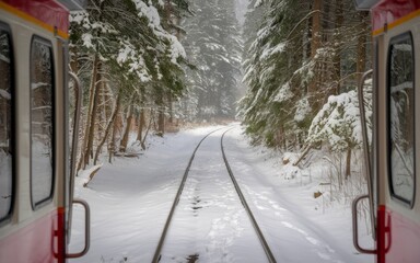 Scenic Train Journey Through a Snowy Forest in Winter Wonderland