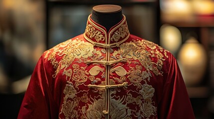 Obraz premium Traditional Red Silk Garment with Intricate Gold Embroidery Showcasing Cultural Heritage and Artistry in Fabric Design and Clothing Tradition