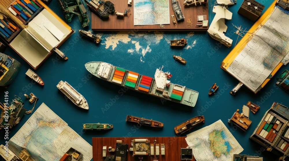 Aufkleber Aerial View of Container Ship and Model Ships Surrounded by Maps