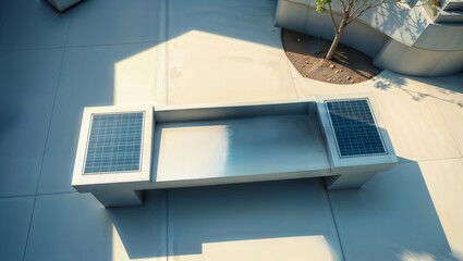 Solar-Powered Bench. A modern concrete bench with integrated solar panels, providing sustainable power in an urban setting.