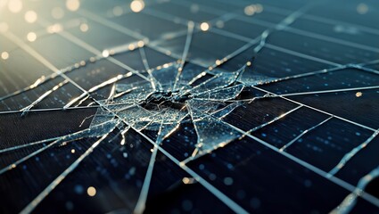 Damaged Solar Panel. Close-up of shattered glass on a solar panel, depicting damage, repair needs, and technology vulnerability.