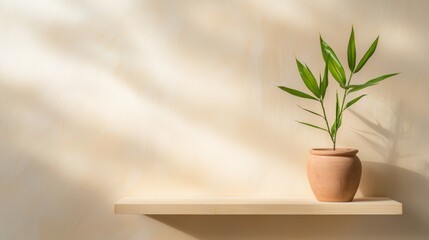 Fototapeta premium A plant is sitting on a shelf in front of a wall
