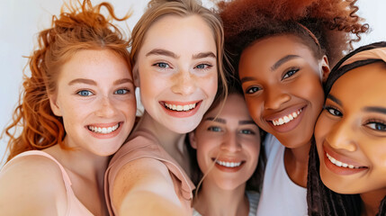 Fototapeta premium Diverse women taking a selfie, smiling and showcasing their unique natural beauty and perfect smiles against a white background