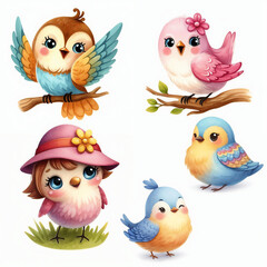 Cute cartoon birds with various colors and expressions on white background. AI