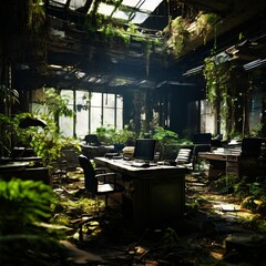 Fototapeta premium An abandoned office space overtaken by nature, with plants and greenery growing through the floors and windows. The scene creates a contrast between urban decay and natural growth, offering a post