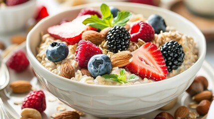 Breakfast in a bowl on the table with oatmeal, berries and nuts beautifully decorated