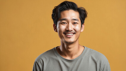 Fototapeta premium smiling south korean man wearing casual clothes on yellow background