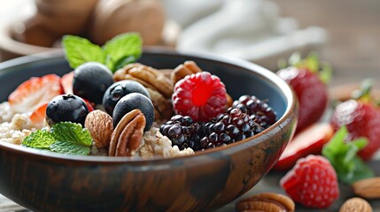 Breakfast in a bowl on the table with oatmeal, berries and nuts beautifully decorated