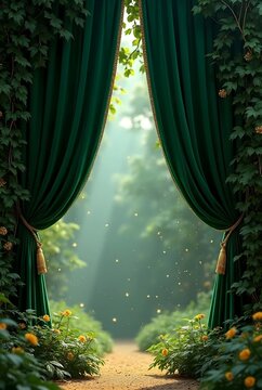 A lush green curtain adorned with golden tassels parts to reveal a magical garden path, glowing softly with sunlight and sparkling fairy-like lights. Generative Ai
