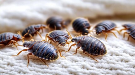 Macro shot of bed bugs crawling on white fabric, emphasizing insect infestation concept.