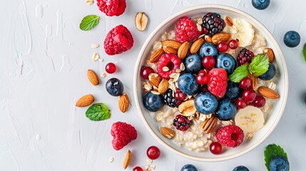 Breakfast in a bowl on the table with oatmeal, berries and nuts beautifully decorated