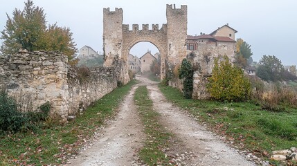 Obraz premium Ancient Stone Archway Entrance to Misty Fortified City