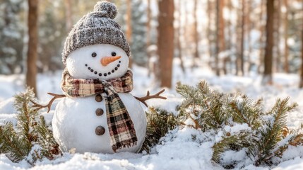Obraz premium Winter holiday christmas background banner - Closeup of cute funny laughing snowman with wool hat and scarf, on snowy snow snowscape landscape in the forest with fir trees