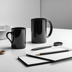 A modern workspace featuring two black mugs, a sleek pen, notebook, and minimalist office supplies on a white desk, embodying a professional and stylish setup.