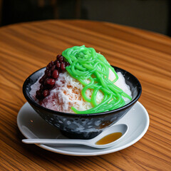 Cendol, malaysian shaved ice dessert with coconut milk, red beans, and palm sugar