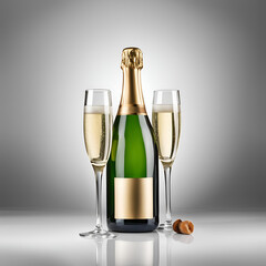 A bottle of champagne with a gold label, accompanied by two filled champagne flutes and a cork on a reflective surface, creating an elegant and celebratory atmosphere.