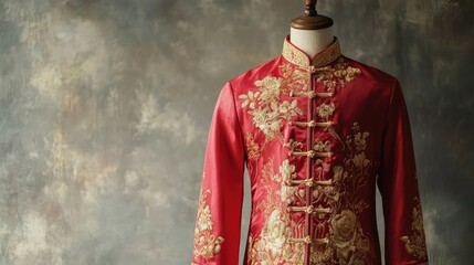 Obraz premium Elegant red silk garment adorned with intricate golden embroidery, displayed on a vintage mannequin against a softly textured background for fashion and cultural themes.