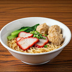 Bowl of wonton noodles with char siu and dumplings is sitting on a wooden table
