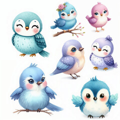 Fototapeta premium Cute cartoon birds with various colors and expressions on white background. AI