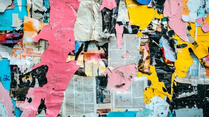 Fototapeta premium Urban texture with torn newspaper and magazine collage adorned in vibrant graffiti elements. Edgy, dynamic grunge abstract backdrop.