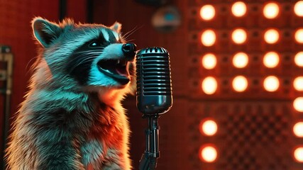 Raccoon Singing into Vintage Microphone on Stage with Lights