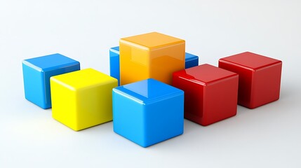 A collection of colorful, glossy building blocks arranged playfully on a light background.