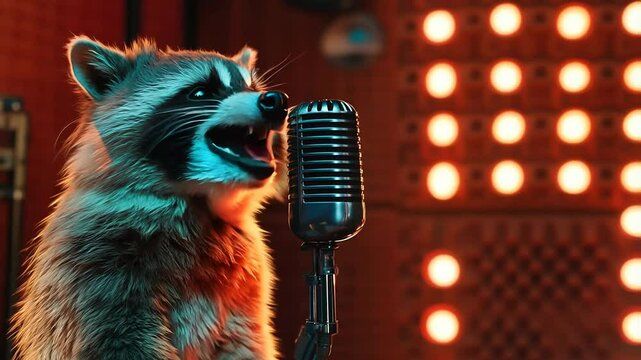 Raccoon Singing into Vintage Microphone on Stage with Lights