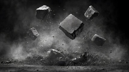 Shattered rock boulder exploding into white dust against black background - dynamic abstract composition in 3D illustration.