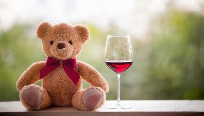 Adorable Valentine’s Day Teddy Bear with a Glass of Red Wine. Celebrate Love and Cozy Moments with Romantic Decor Ideas for Gifting, Date Nights, or Cute Social Media Photography Inspiration