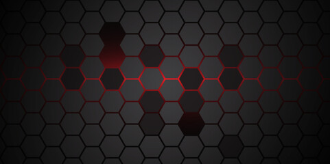 Abstract red light hexagon line in grey modern luxury futuristic background. Abstract gray hexagon background design. Illustration. Vector. 