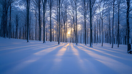 Serene Winter Wonderland with Snowy Trees and Sunlit Shadows in a Tranquil Forest Landscape