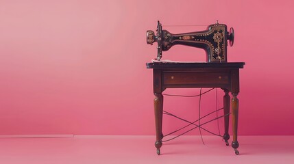 old table type sewing machine on pink background