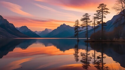 Majestic Mountain Lake Sunset Silhouette Trees Reflection