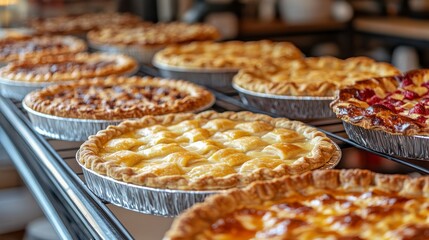 A row of golden-brown pies cooling on a metal rack in a bakery kitchen