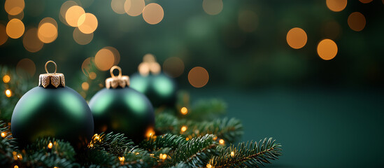 Christmas green decoration close up, green bokeh background. Merry Christmas and Happy Holidays greeting card, frame, banner. New Year. Winter xmas festive theme.