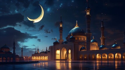 Night scene of illuminated mosque under crescent moon.