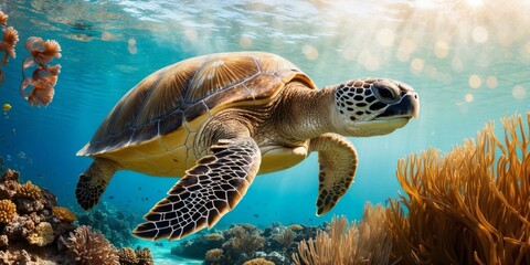 Obraz premium Green sea turtle swims gracefully through a vibrant coral reef in clear waters