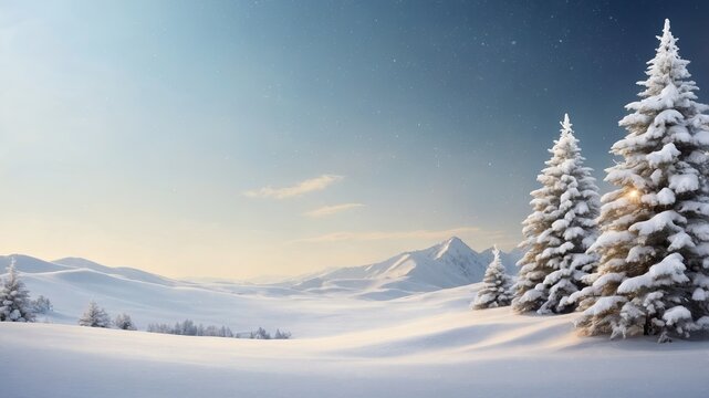 Snow-covered landscape with evergreen trees and distant mountains during winter